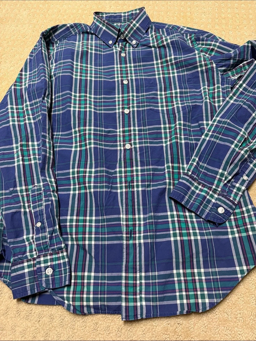 J. Crew Navy Plaid Button-Down Shirt with Green & White Stripes